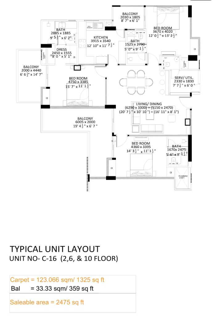 3 BHK Floor Plan – 2475 Sq. Ft. 3 BHK floor plan (unit C-16), 2475 sq ft saleable, at TARC Tripundra