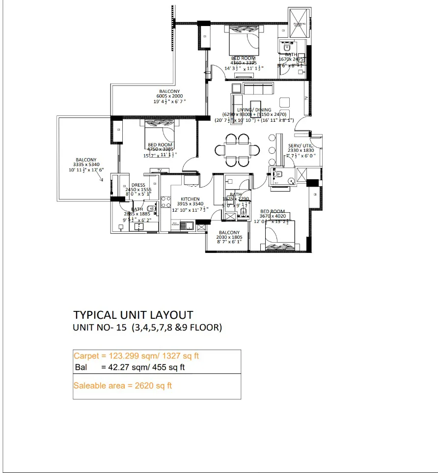 3+S BHK Floor Plan – 2620 Sq. Ft. 3 BHK with servant room floor plan (unit 15), 2620 sq ft saleable, at TARC Tripundra