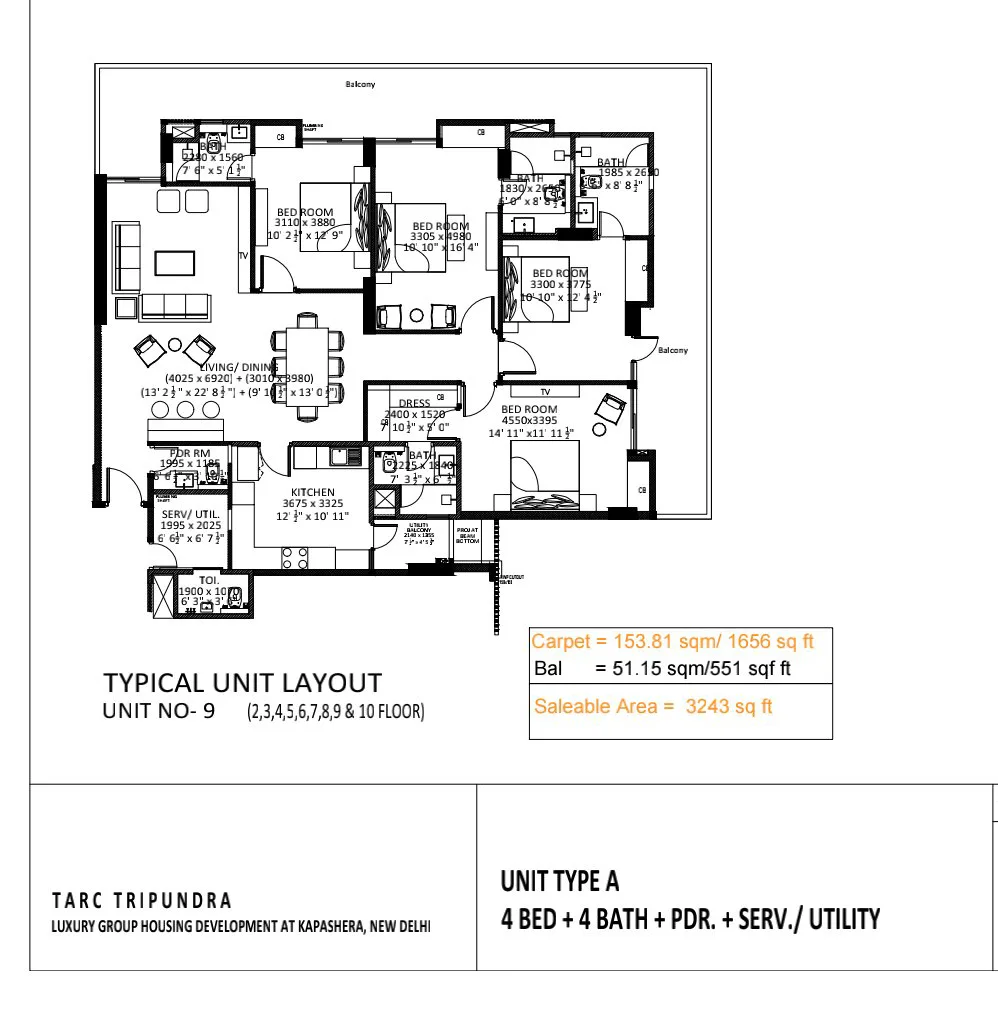 4 BHK Floor Plan – 3243 Sq. Ft. 4 BHK floor plan (unit type A), 3243 sq ft saleable, at TARC Tripundra